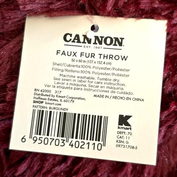 NWT Cannon Throw Blanket Burgundy Red Shimmer Faux Fur Plush 50" x 60" Soft Cozy - Picture 4 of 5